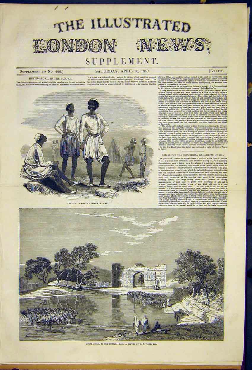Original Old Antique Print Husyn-Abdal Punjab Troops Camp Native Vigne 1850 19th