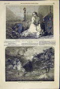 Original Old Antique Print Painting Joan Arc Absolon Woodland River Percy 1850