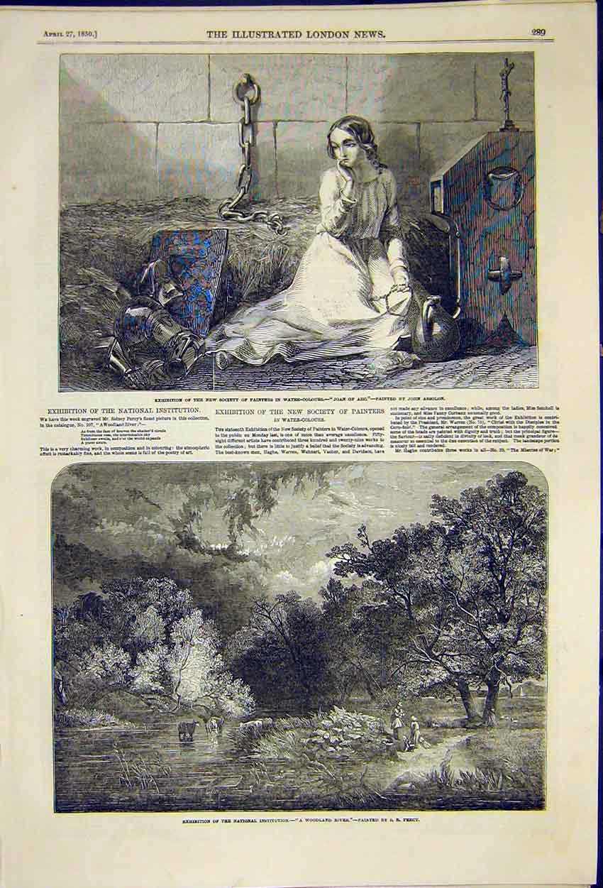 Original Old Antique Print Painting Joan Arc Absolon Woodland River Percy 1850