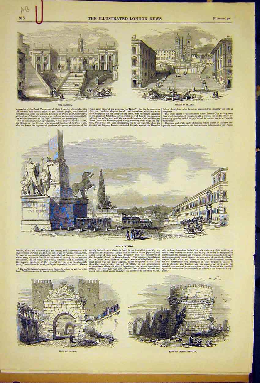 Original Old Antique Print Spagna Monte Cavallo Drucus Rome Painting Ward Hook