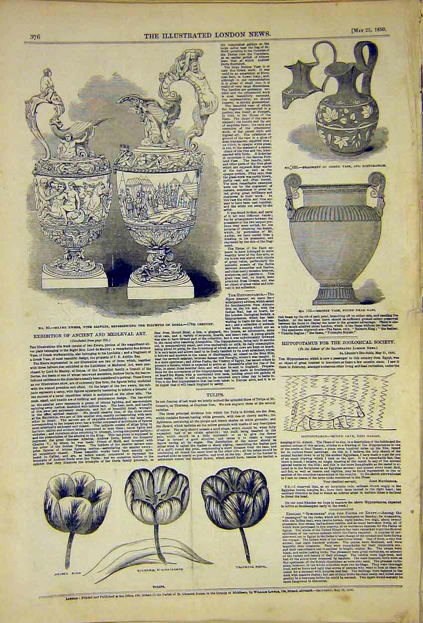 Original Old Antique Print Ancient Mediaeval Art Ewers Doria Tulips 1850 19th