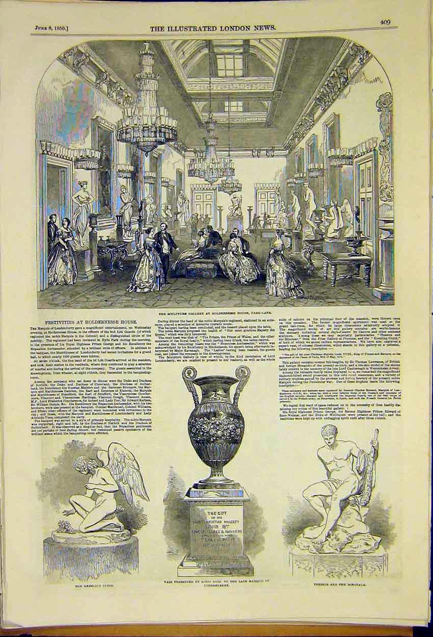 Original Old Antique Print Sculpture Gallery Hernesse House Park-Lane 1850 19th