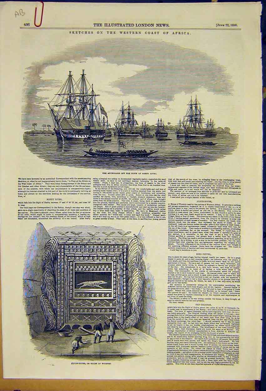 Old Antique Print Bonny River Ship Jujuh-House Worship King Peppel 1850 19th