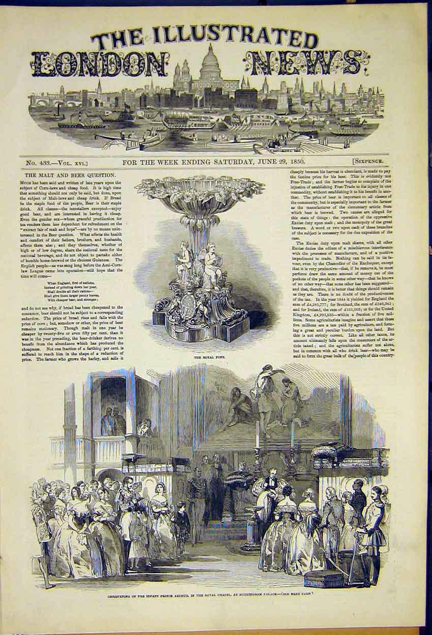 Original Old Antique Print Royal Font Prince Arthur Christening Buckingham 1850