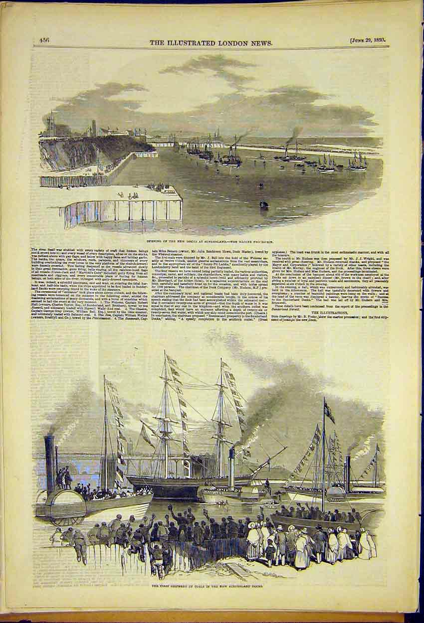 Original Old Antique Print Opening New Docks Sunderland Coal Shipment First 1850