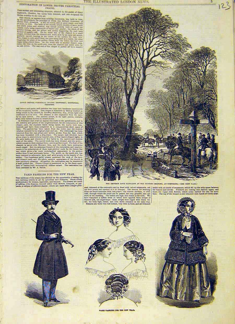Original Old Antique Print Napoleon Hunt Compiegne Paris Fashion Chapel 1853