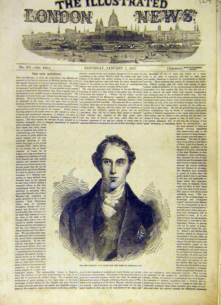 Original Old Antique Print Portrait Earl Aberdeen Premier Cabinet Minister 1853