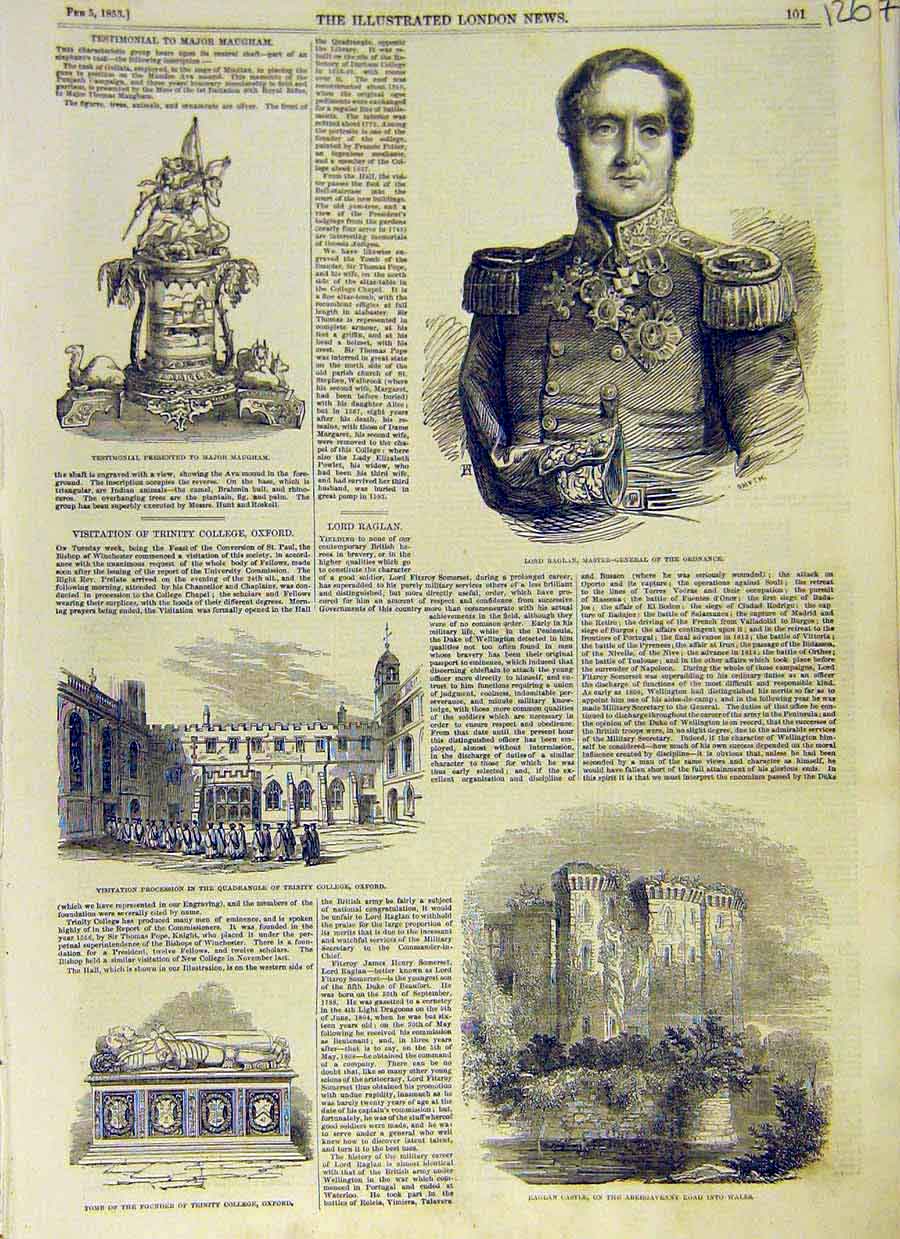 Original Old Antique Print Maugham Raglan Portrait Trinity College Castle 1853
