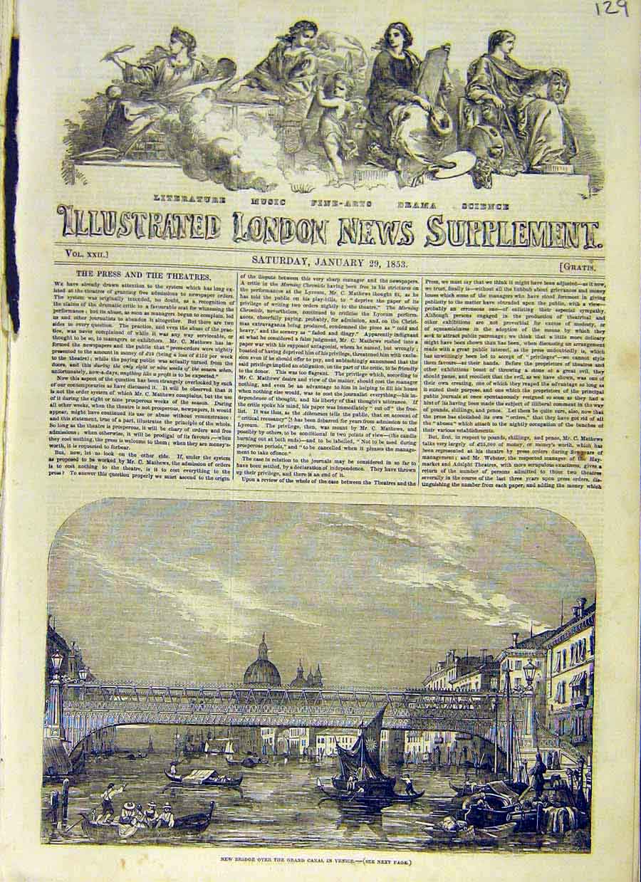 Original Old Antique Print Bridge Grand-Canal Venice Places 1853 19th