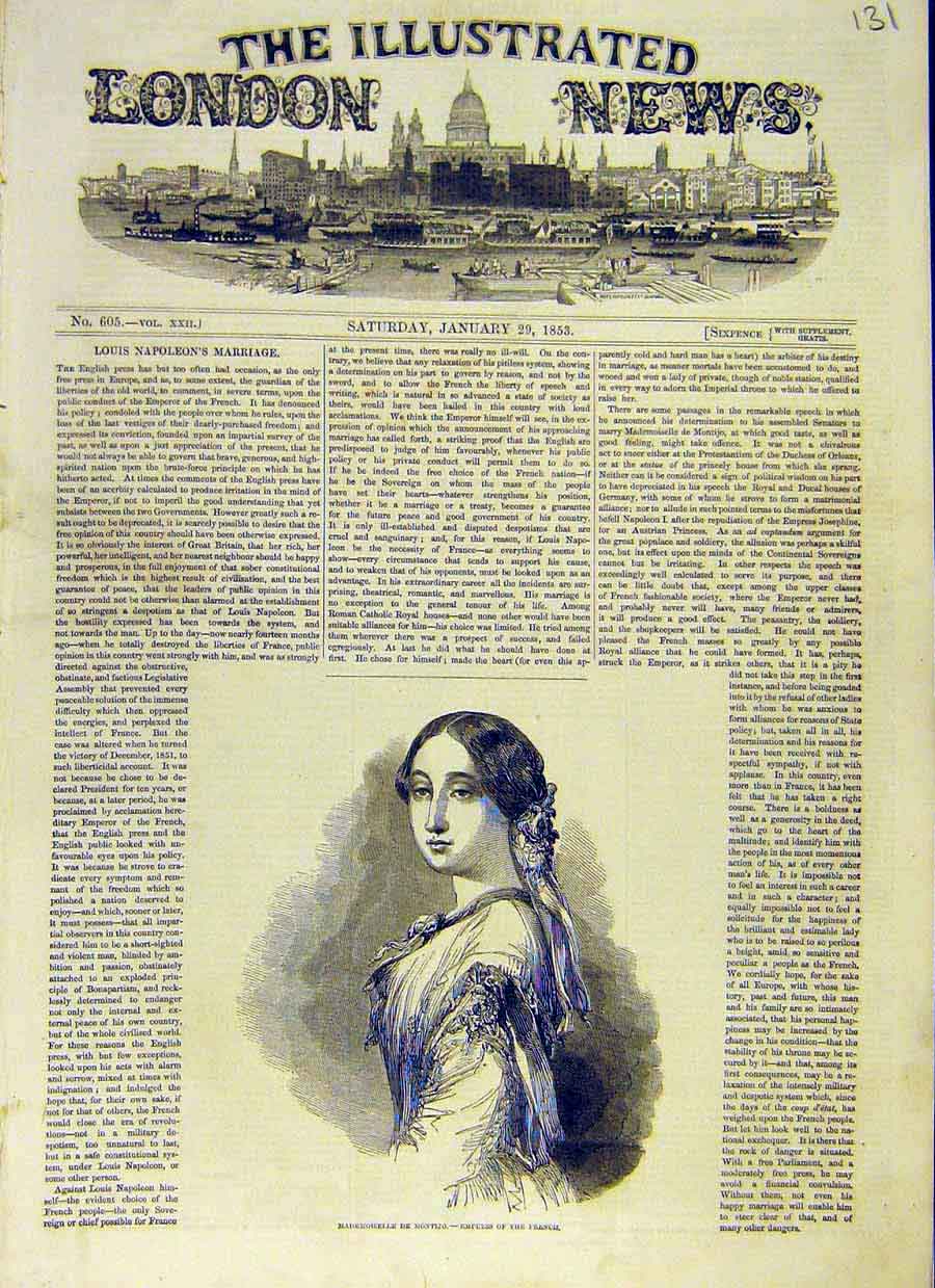 Original Old Antique Print Portrait Mademoiselle Montijo French Empress 1853