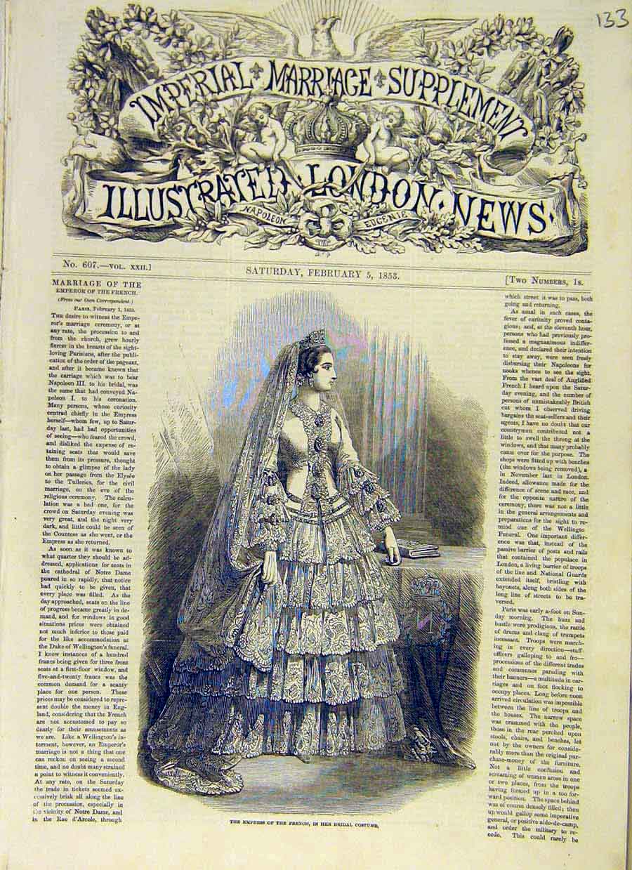 Original Old Antique Print Empress French Bridal Costume Portrait 1853 Victorian