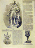 Original Old Antique Print Marble Statue King Consort Silver Vase Ruby Cup 1853