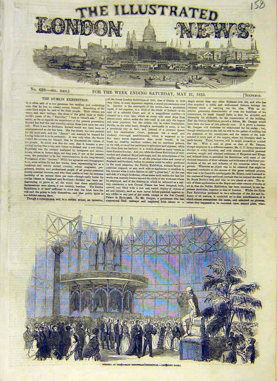 Original Old Antique Print Dublin Industrial Exhibition Opening Ireland 1853