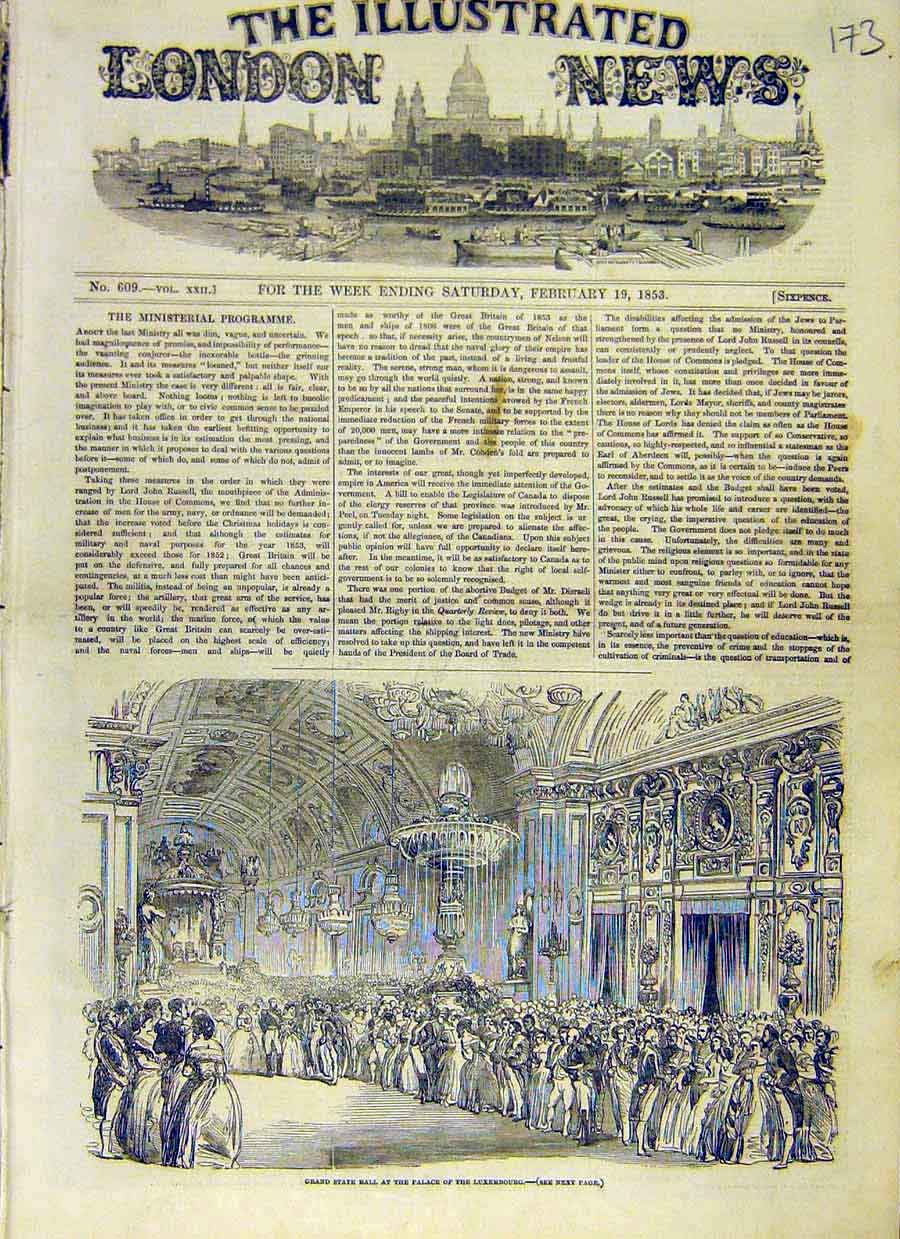 Original Old Antique Print State-Ball Palace Luxembourg People 1853 Victorian
