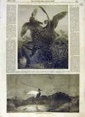 Original Old Antique Print Teal Birds Wolf Fine Art 1853 Moonlight Danby 19th