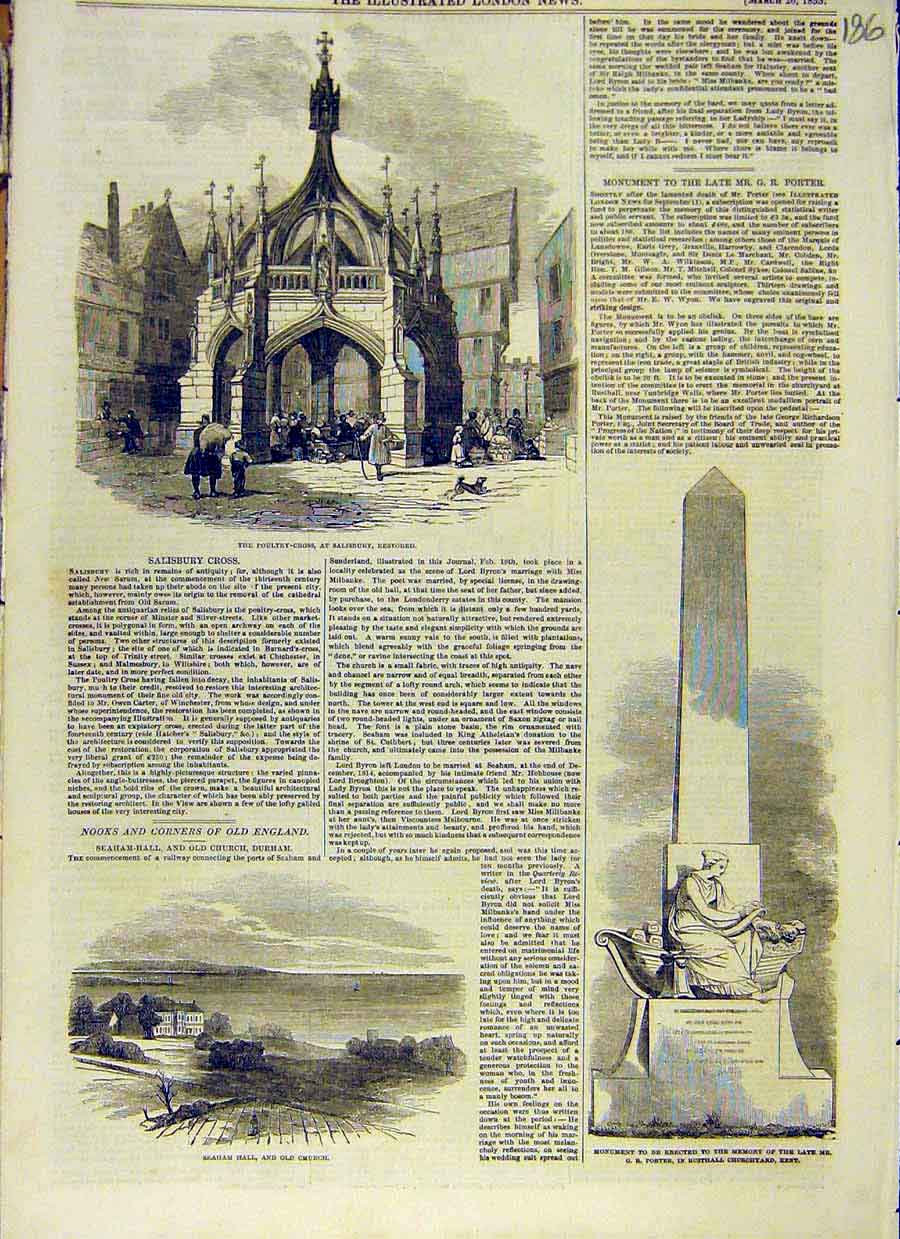 Old Antique Print Poultry-Cross Salisbury Seahm Hall Church Rusthall 1853 19th