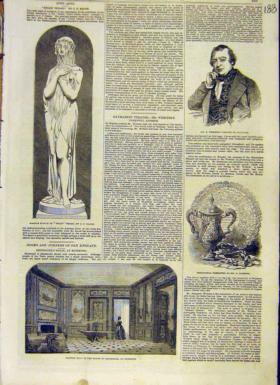 Original Old Antique Print Statue Helen Bacon Webster Richmond Heidegger 1853