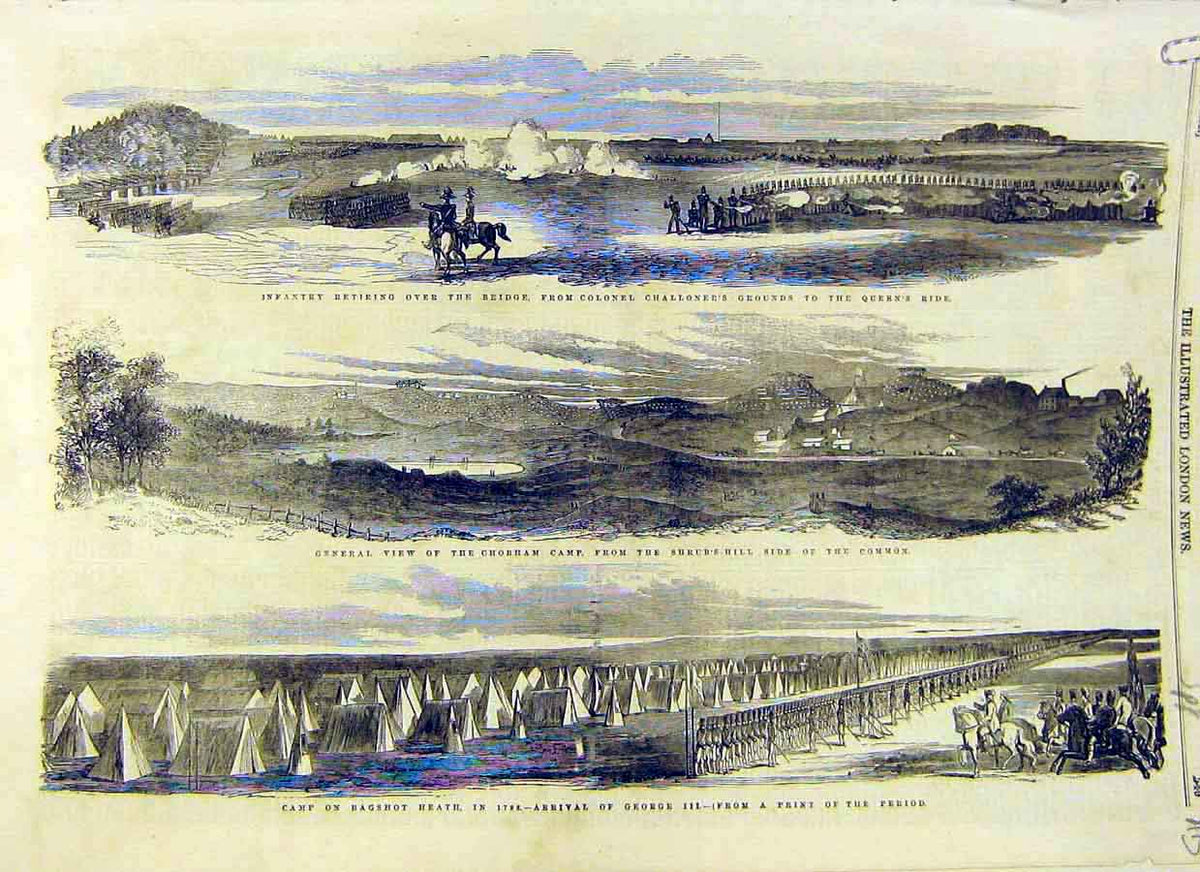 Original Old Antique Print Bagshot Infantry Military Chobham Dragoons 1853 19th