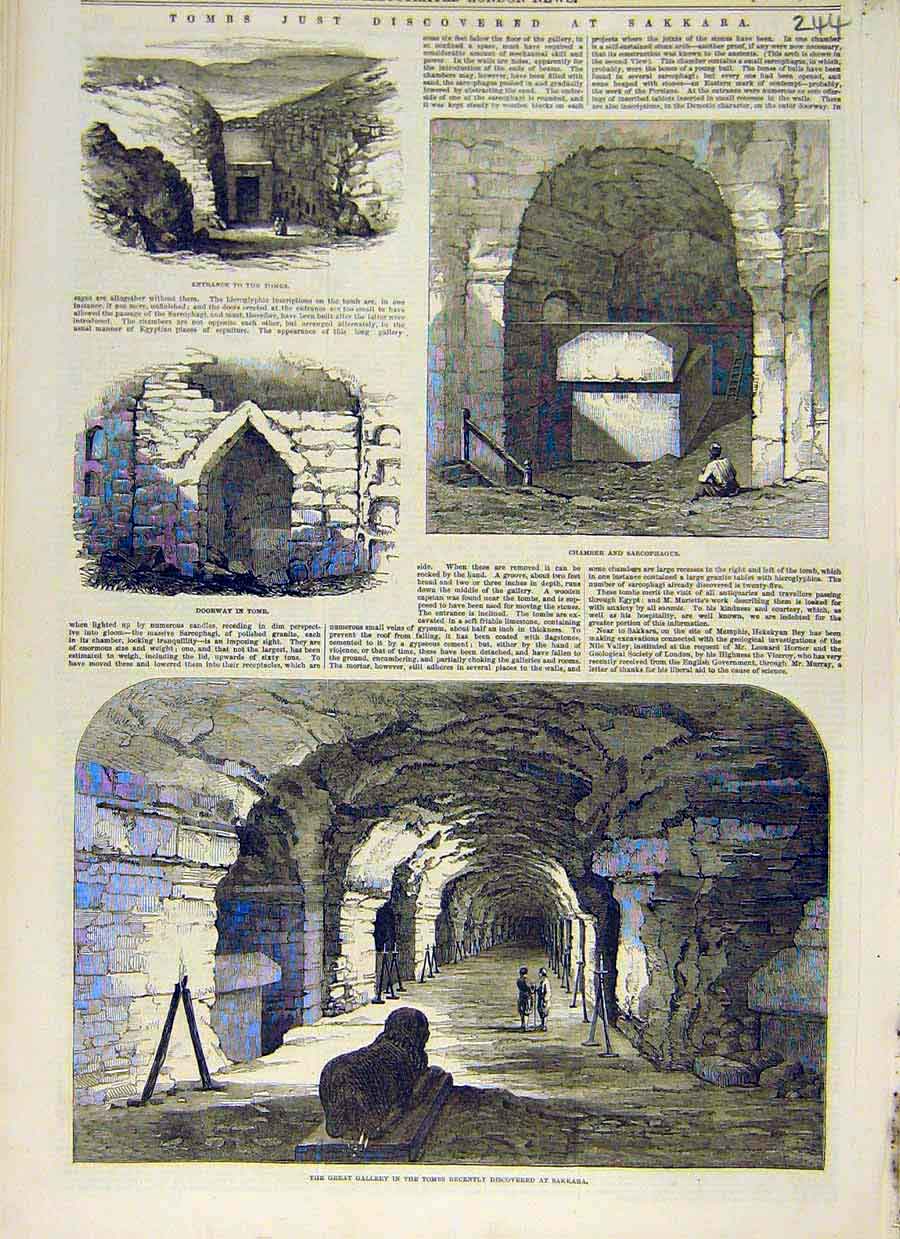 Original Old Antique Print Tombs Sakkara Chamber Sarcophagus 1853 19th