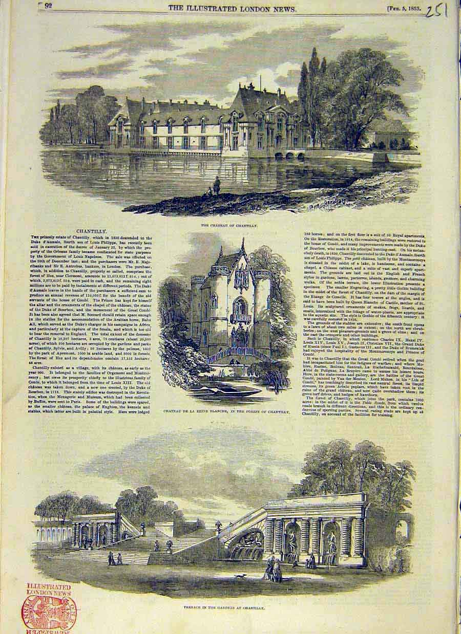 Original Old Antique Print Chateau Chantilly Castle Forest Gardens 1853 19th
