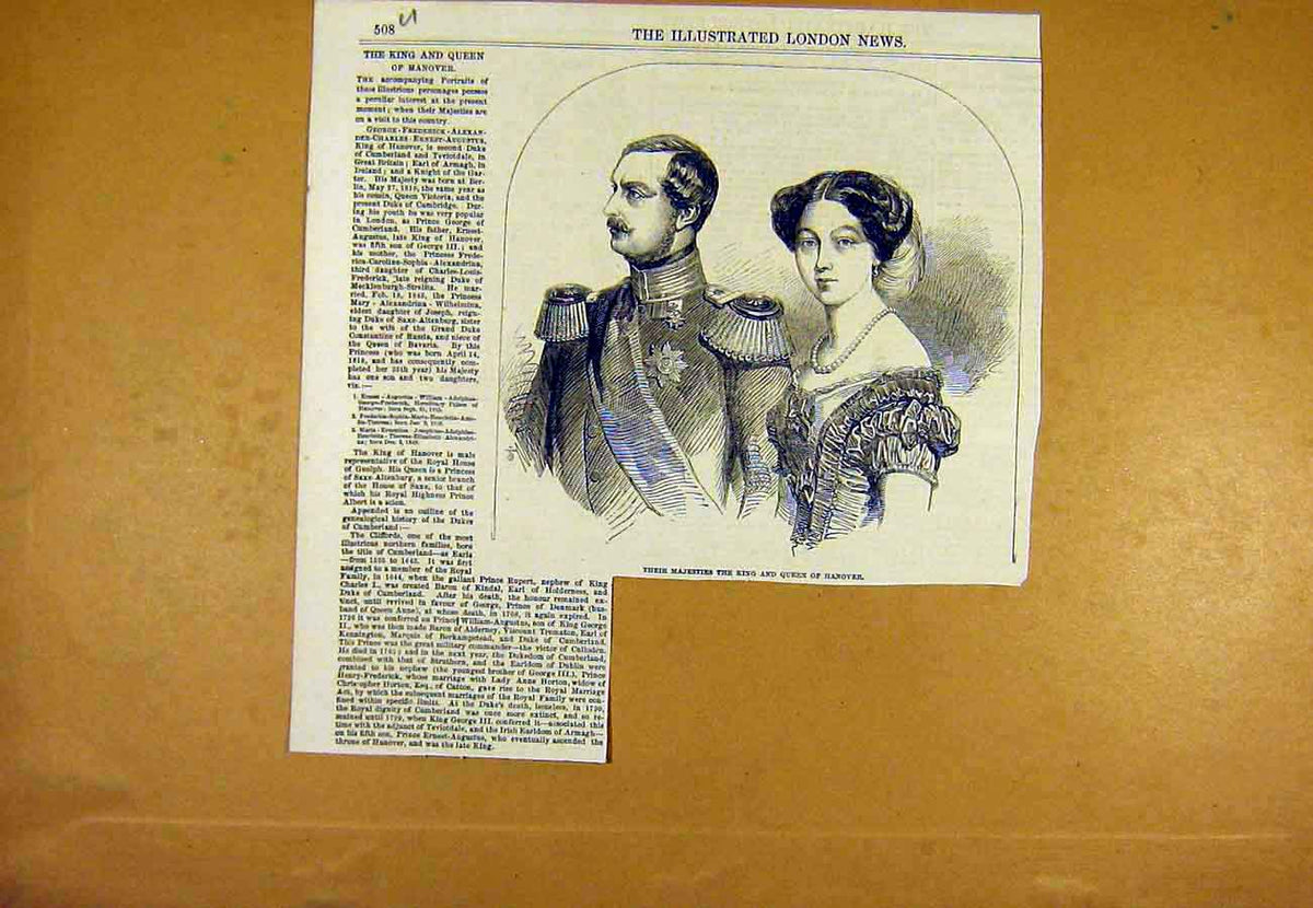 Original Old Antique Print Portrait King Queen Hanover Royal 1853 Victorian