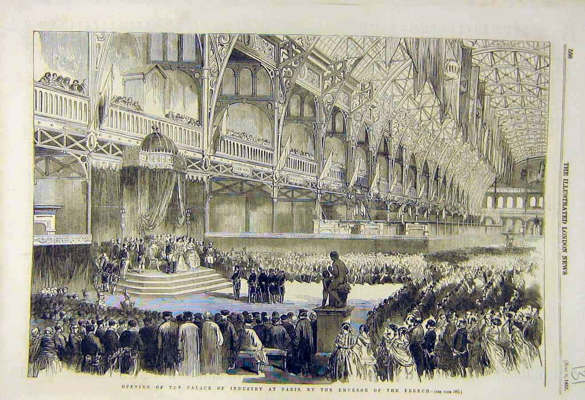 Original Old Antique Print 1855 Palace Industry Paris Emperor French Victorian