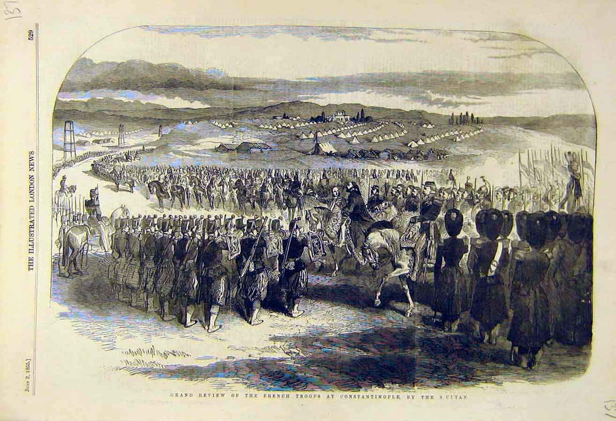 Original Old Antique Print 1855 Grand-Review French Troops Constantinople Sultan