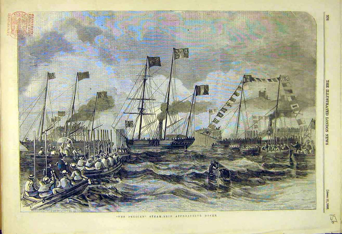 Original Old Antique Print 1855 Pelican Steam-Ship Dover Naval 19th