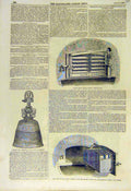 Original Old Antique Print 1855 Prideaux Valve Furnace Door Burmese Bell 19th