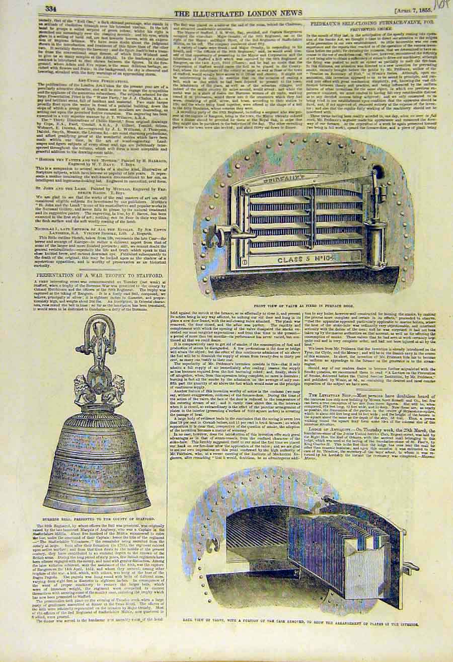 Original Old Antique Print 1855 Prideaux Valve Furnace Door Burmese Bell 19th