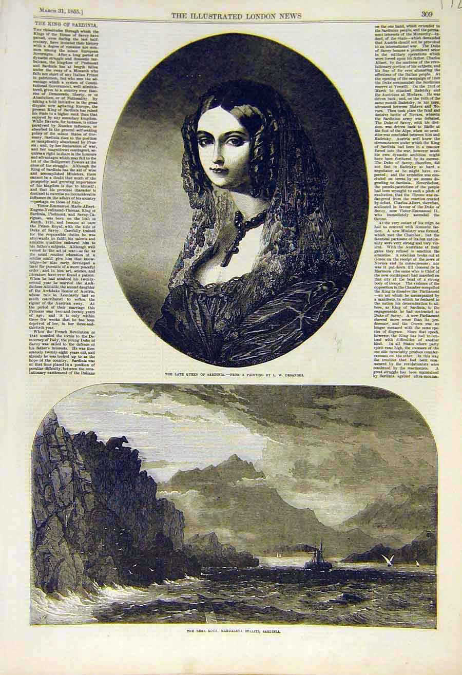 Original Old Antique Print 1855 Portrait Queen Sardinia Desanges Bear-Rock 19th