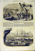 Original Old Antique Print 1855 Woolwich Shell Case-Shot Artillery Shipping Dock