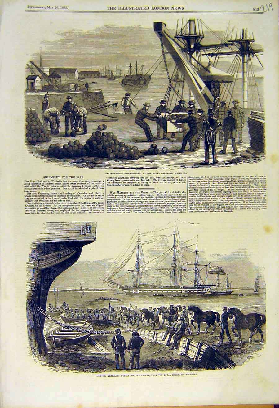 Original Old Antique Print 1855 Woolwich Shell Case-Shot Artillery Shipping Dock