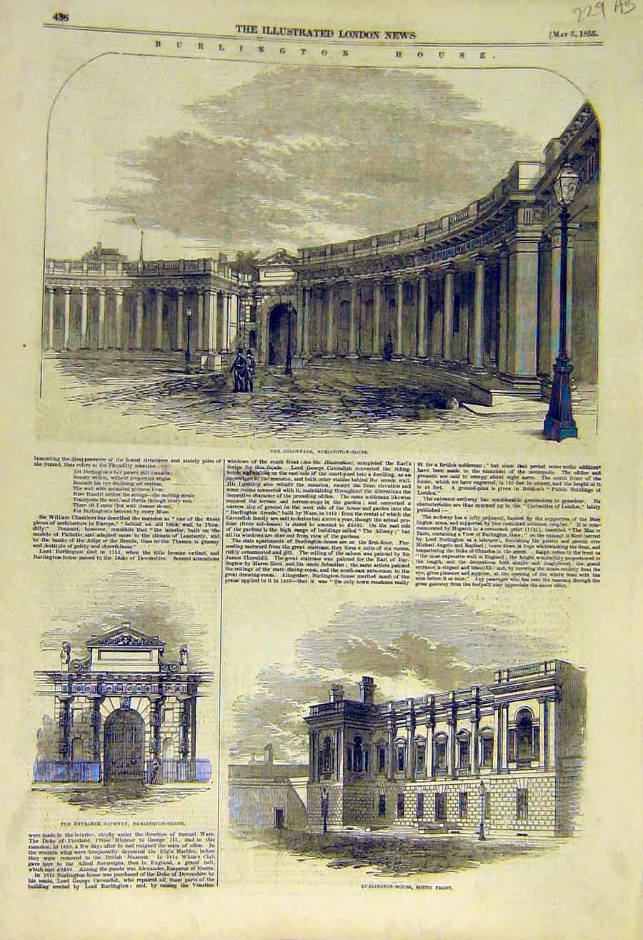 Original Old Antique Print 1855 Burlington House Building Buckingham Palace