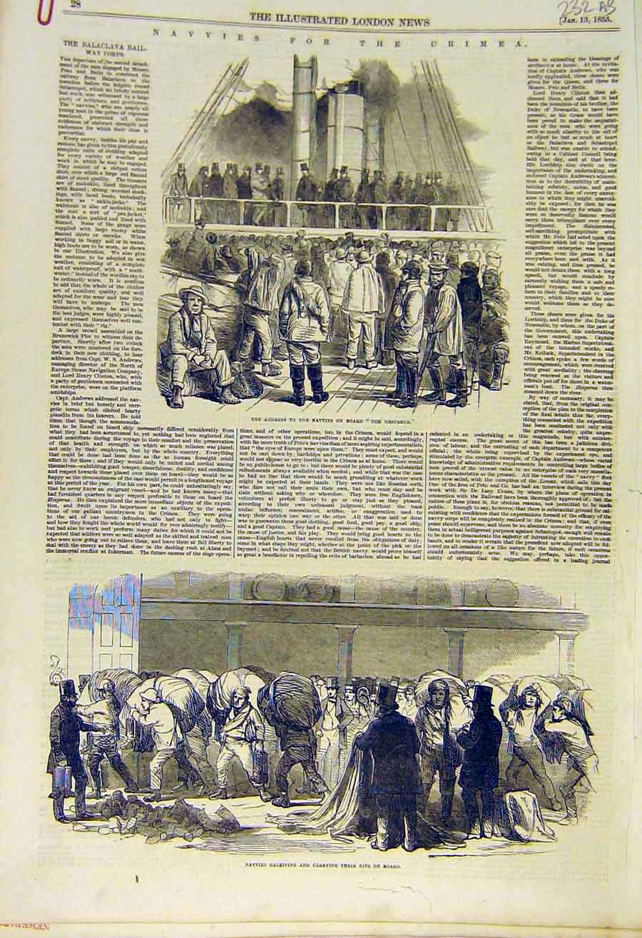 Original Old Antique Print 1855 Navvies Crimea Hesperus Balaclava Crimea Church