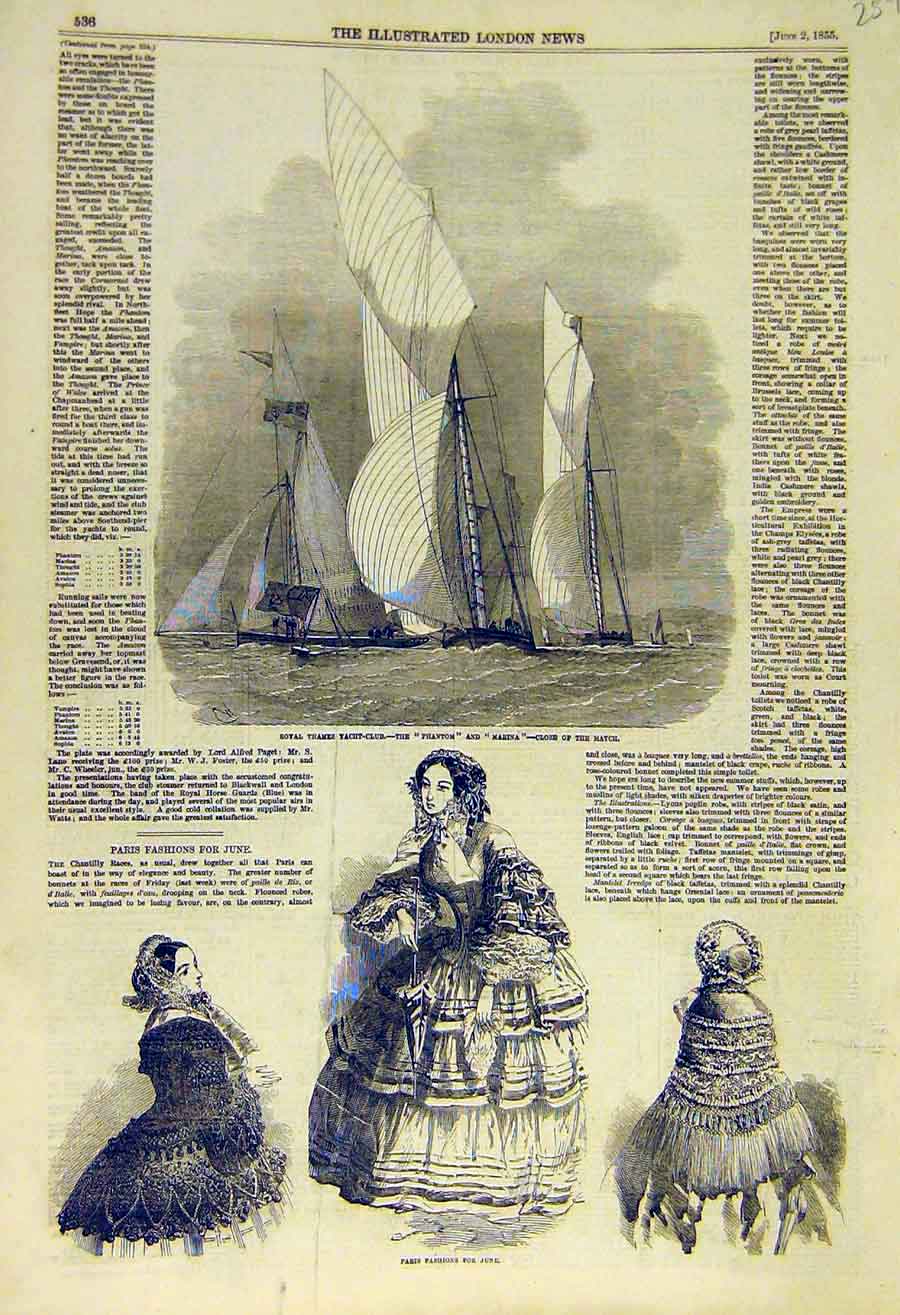 Original Old Antique Print 1855 Royal Thames Yacht Phantom Marina Paris Fashion