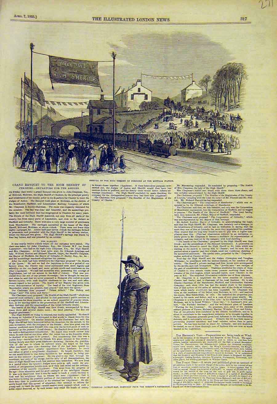 Original Old Antique Print 1855 Sheriff Cheshire Mottram Station Javelin-Man