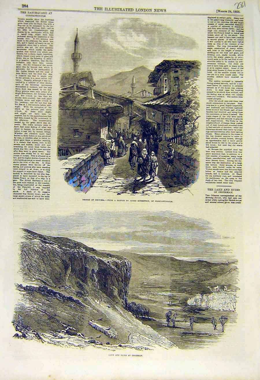 Old Antique Print 1855 Bridge Broussa Constantinople Lake Ruins Inkerman 19th