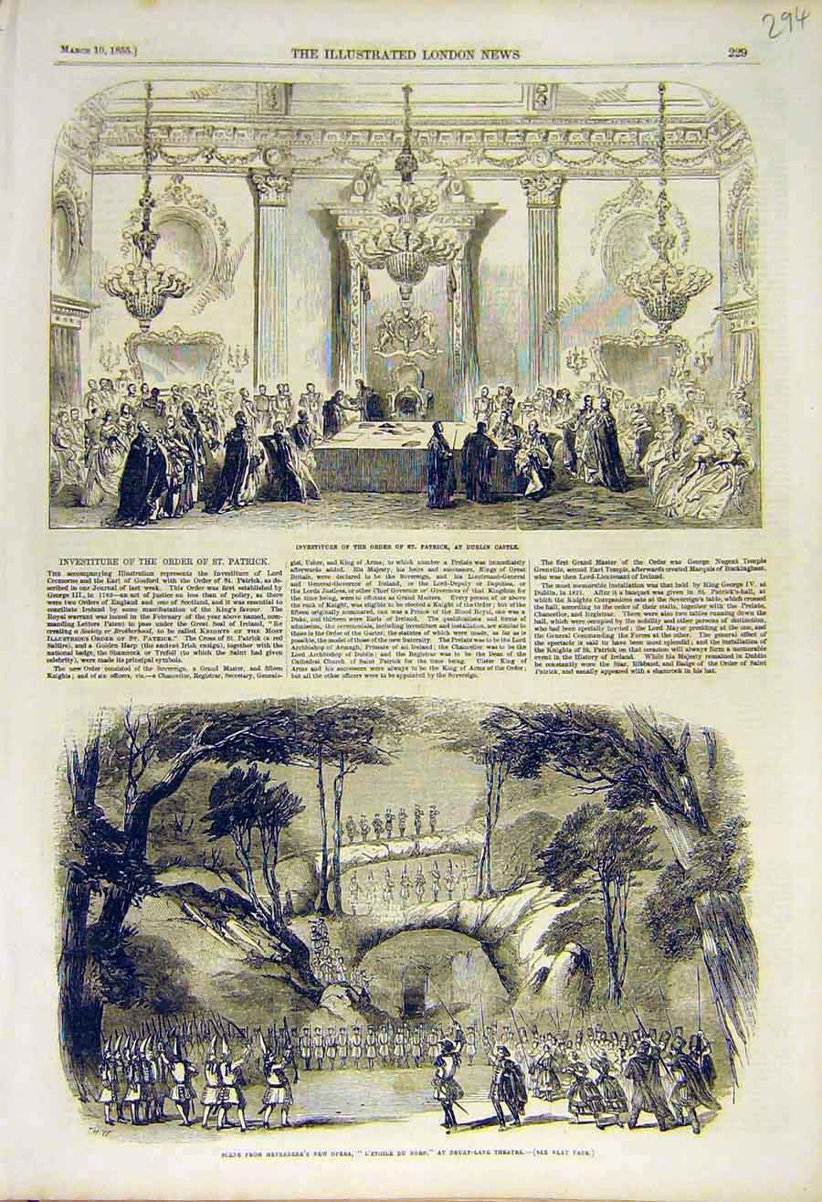 Old Antique Print 1855 Order St Patrick Dublin Castle Scene Opera Theatre 19th