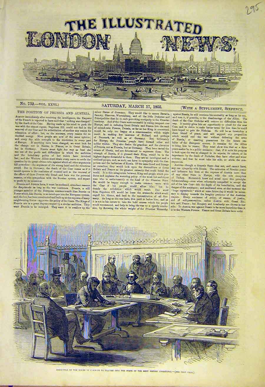 Original Old Antique Print 1855 House Commons Army Sebastopol War 19th