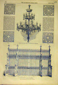 Old Antique Print 1855 Chandelier Westminster Victoria Tower Gates Panel 19th