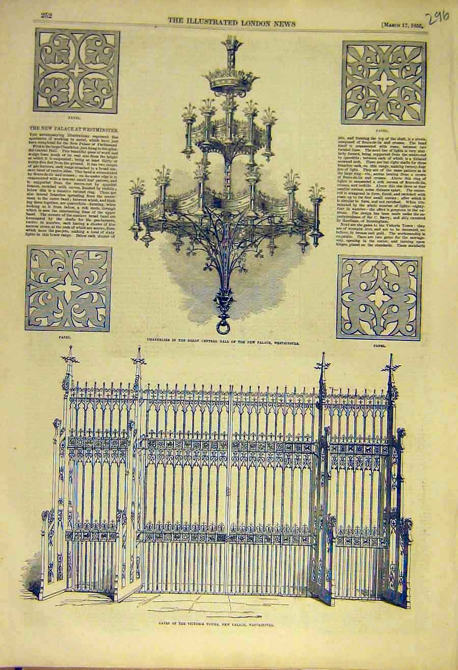 Old Antique Print 1855 Chandelier Westminster Victoria Tower Gates Panel 19th