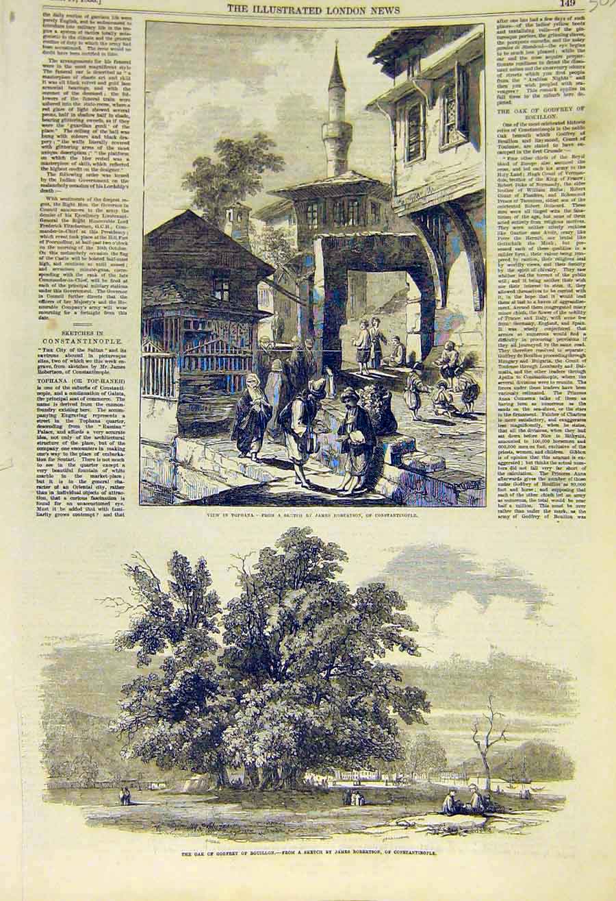 Original Old Antique Print Tophana Constantinople Oak Godfrey Bouillon 1855 19th