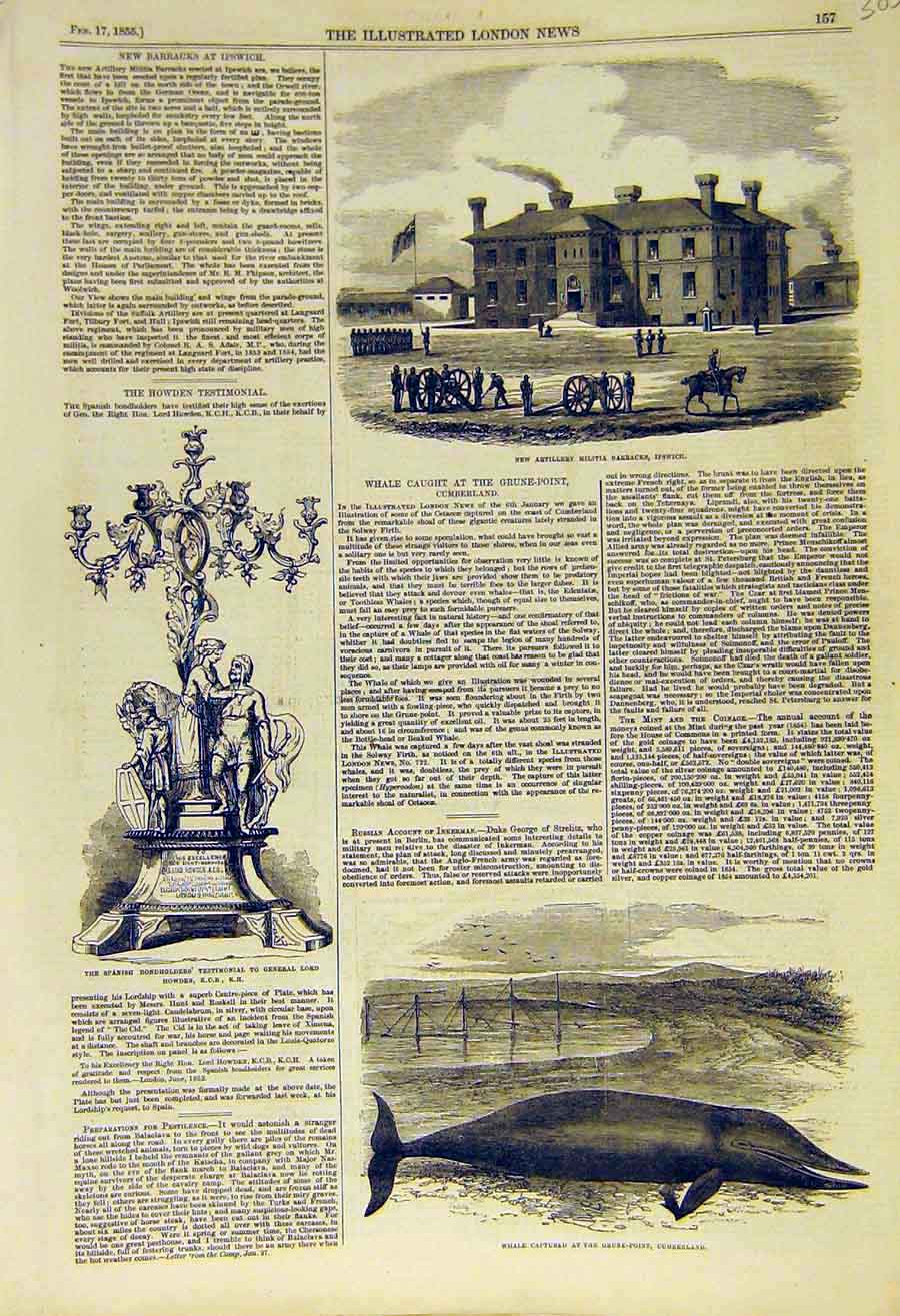 Original Old Antique Print Artillery Militia Barracks Spanish Bondher Whale