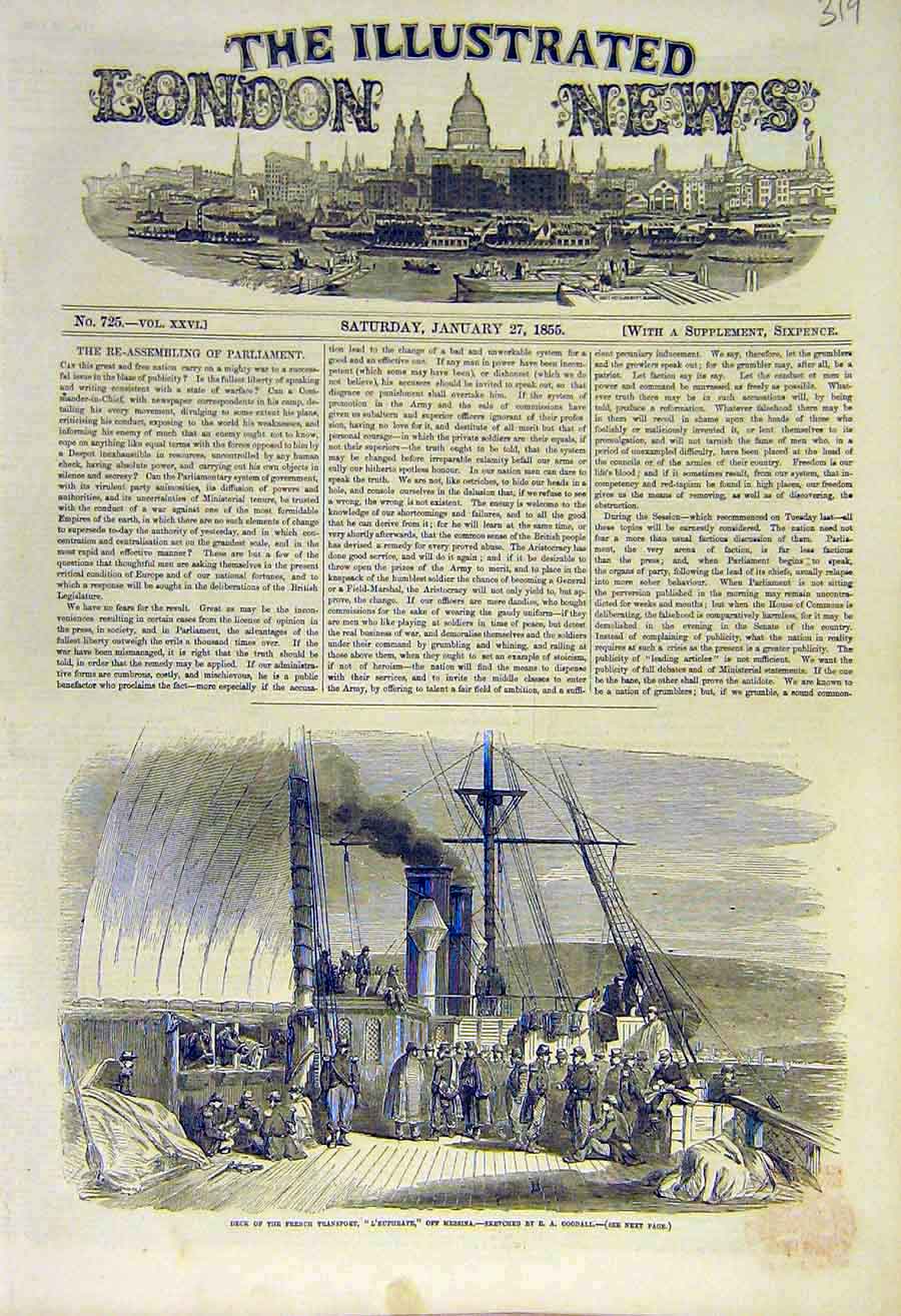 Original Old Antique Print Deck French Transport L'Euphrate Messina Goodall 1855