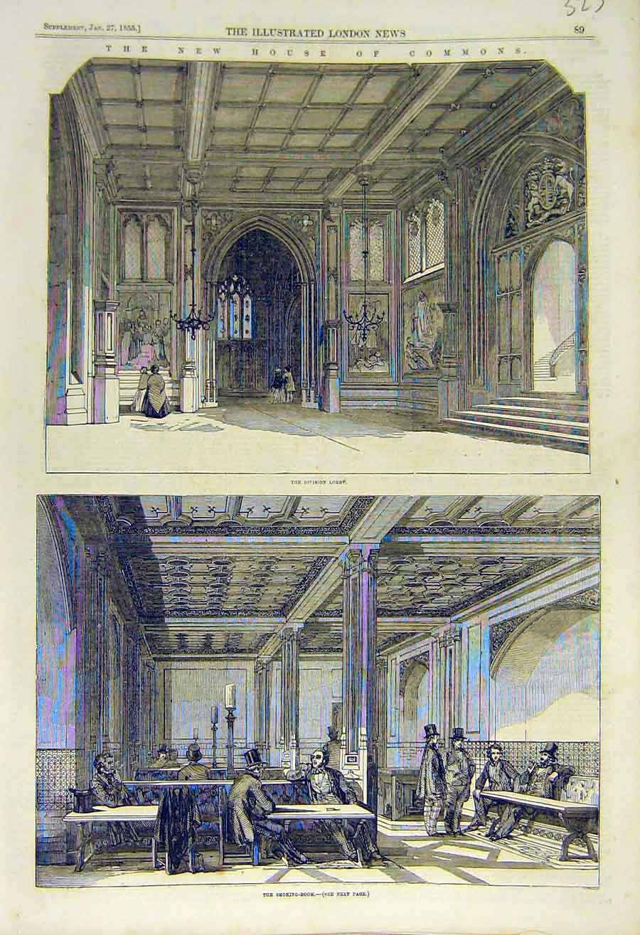 Original Old Antique Print House Commons Division-Lobby Smoking-Room 1855 19th