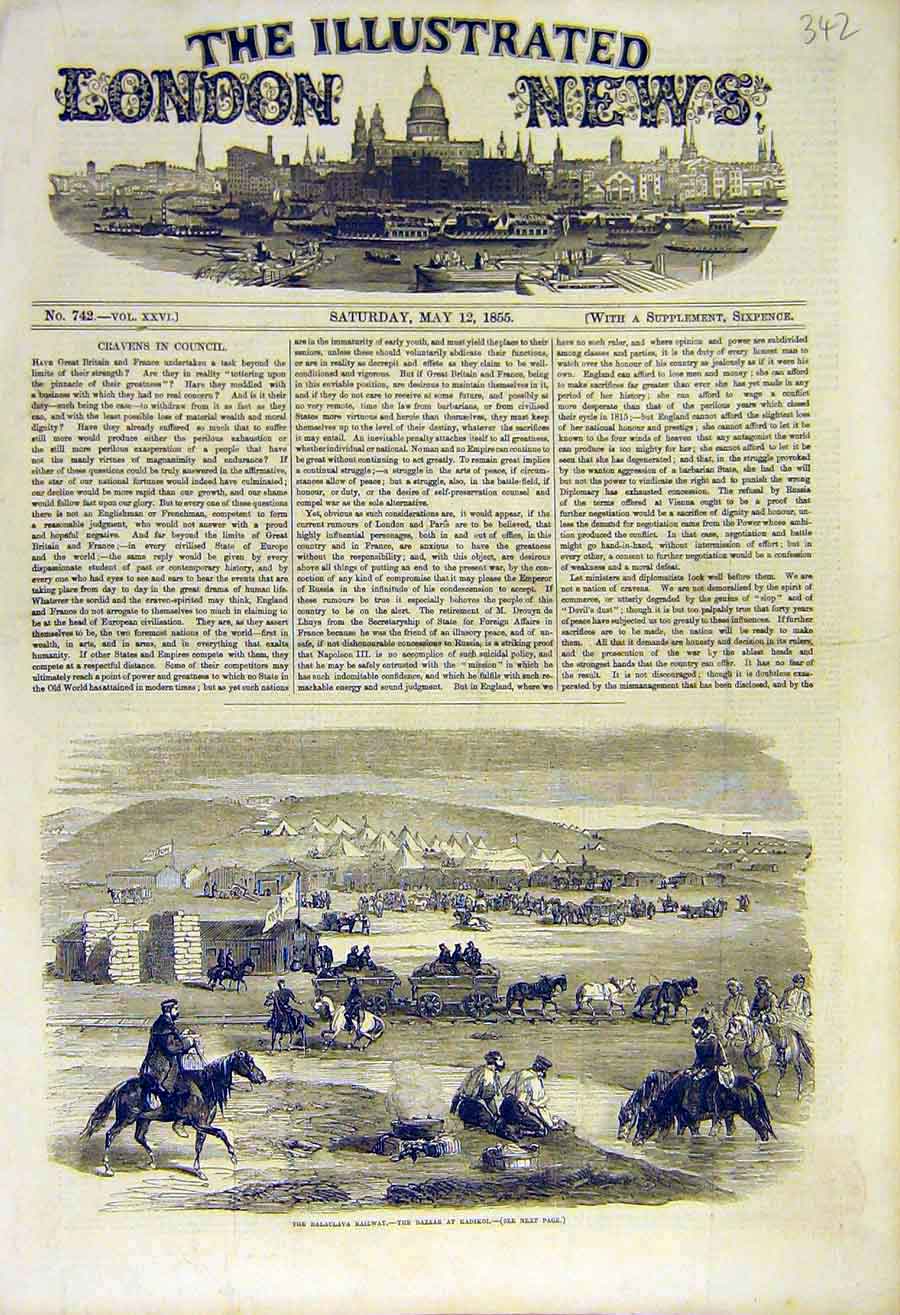 Original Old Antique Print Balaclava Railway Bazaar Kadikoi 1855 19th