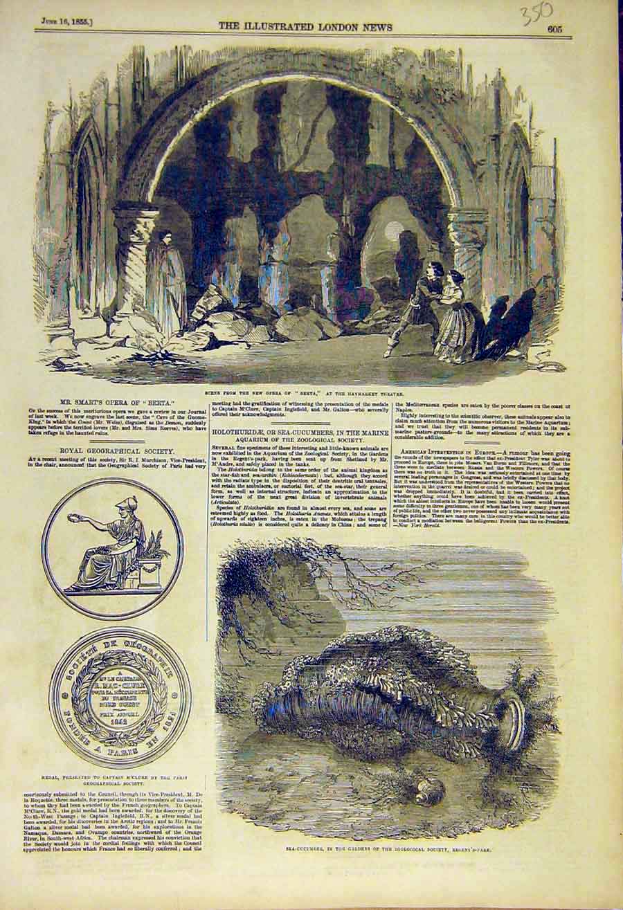 Original Old Antique Print Opera Berta Scene Theatre Sea-Cucumber Medal M'Clure