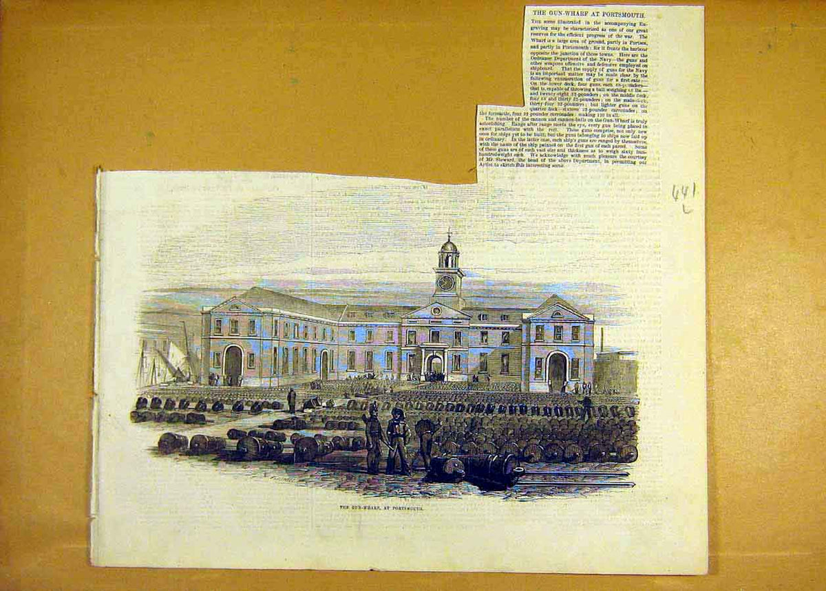 Original Old Antique Print Gun-Wharf Portsmouth Military Navy 1855 Victorian