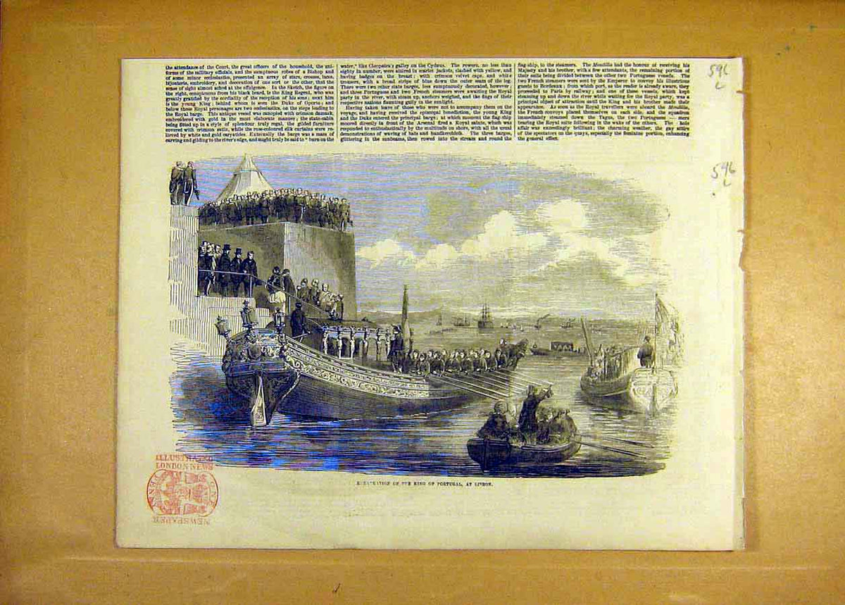 Original Old Antique Print Embarkation King Portugal Lisbon 1855 19th
